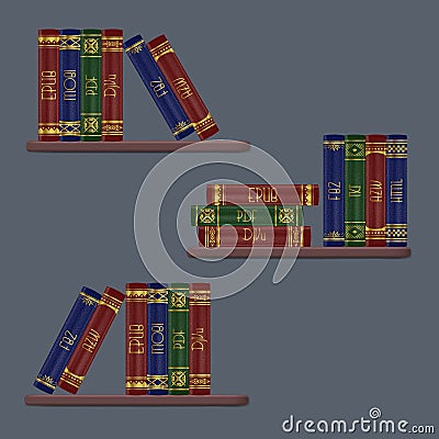 Shelves with e-books in different formats: ePab, Mobi, PDF. Realistic leather book spines with gold embossing. Interface design Vector Illustration