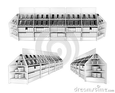 Shelves for electronics supermarkets with smartphones and smart watches. Cartoon Illustration