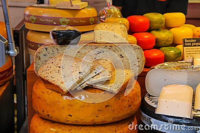 Shelves with famous Dutch cheese in the traditional cheese shop Editorial Stock Photo