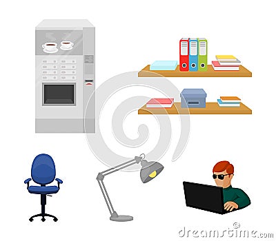 Shelves, folders and notebooks with business records, a coffee machine with cups, an armchair with a backrest on wheels Vector Illustration