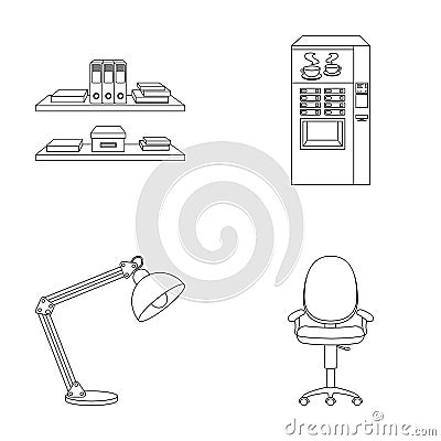 Shelves, folders and notebooks with business records, a coffee machine with cups, an armchair with a backrest on wheels Vector Illustration