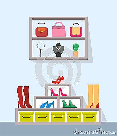 Shelves with Handbags Jewelry and Varied Footwear Vector Illustration