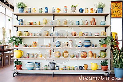 shelves lined with colorful vases and plant pots Stock Photo