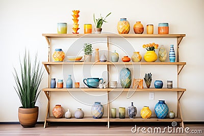 shelves lined with colorful vases and plant pots Stock Photo