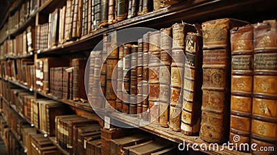 The shelves are lined with countless rows of leatherbound tomes their spines glistening in the soft light Stock Photo