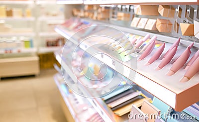 Shelves with makeup products in a cosmetics store indoor Stock Photo