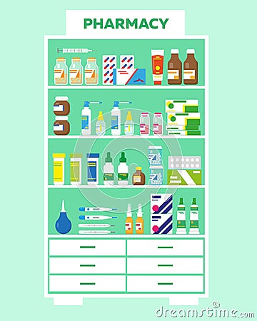 Medicine cabinet with drugs and bottles. Vector Illustration