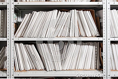 shelves with paper documents. Organized office space with neatly arranged paper documents and file cabinets Stock Photo