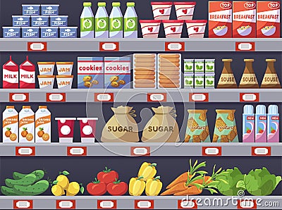 Shelves with products, shop store and promotion Vector Illustration