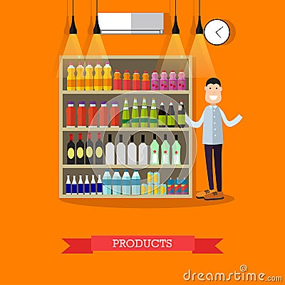 Shelves with products vector illustration in flat style Vector Illustration