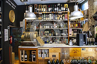 Shelves with various of wines in a liquor store Editorial Stock Photo