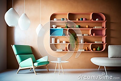 Shelves on the wall in colorful pastel colors, minimalist and rocking chair style living room, copy space Cartoon Illustration