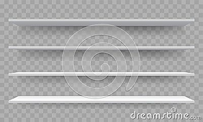 Shelves on wall perspective. Vector isolated 3D shelf racks templates on transparent background Vector Illustration