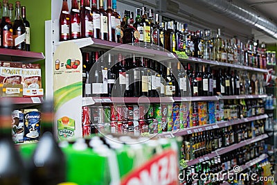 Shelves with wine, beer and soft drinks Editorial Stock Photo