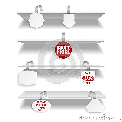 Shelves with wobbler. Realistic discount tags hanging on store rack. 3D advertising promotional label attached with Vector Illustration