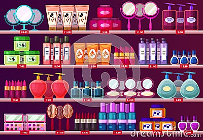Shelves with woman cosmetic, beauty salon showcase Vector Illustration