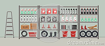 Shelving with household goods. Storeroom. Warehouse racks Vector Illustration