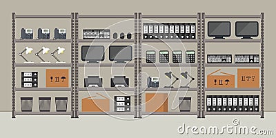 Shelving with office equipment and computer equipment. Storeroom Vector Illustration