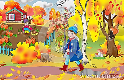 Children`s illustration for a book, newsletter, calendar, a boy walks with leaves in his hands Cartoon Illustration