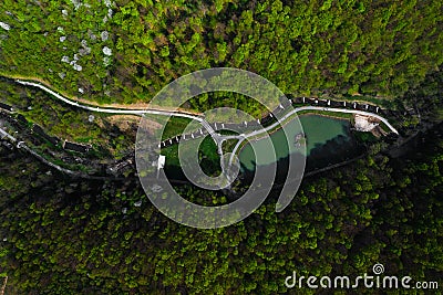 Shenborna Park from a bird's eye view, a Gothic-style park with a pond and a river and many bridges. Stock Photo