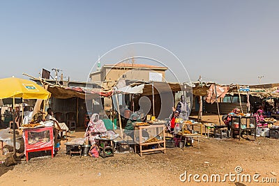 SHENDI, SUDAN - MARCH 5, 2019: View of street food stalls in Shendi, Sud Editorial Stock Photo