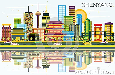 Shenyang Skyline with Color Buildings, Blue Sky and Reflections. Stock Photo