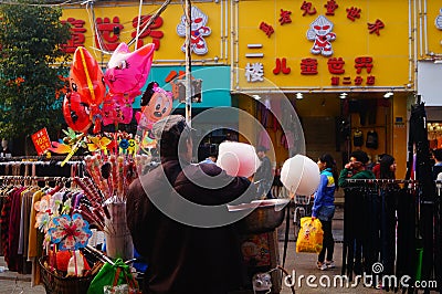 Shenzhen, China: stalls on pedestrian street, sale of handicrafts and other commodities Editorial Stock Photo