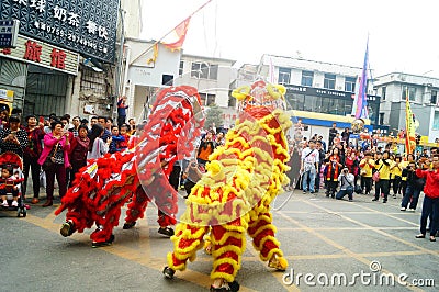 Shenzhen, China: temple festival parade, lion dance activities Editorial Stock Photo