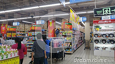 Shenzhen, China: Wal-Mart supermarket is in normal business, this is the landscape of the goods displayed in the supermarket Editorial Stock Photo