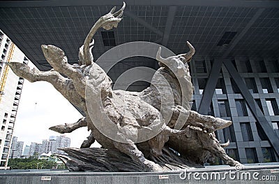 Shenzhen Stock Exchange building with copper bull statue Editorial Stock Photo