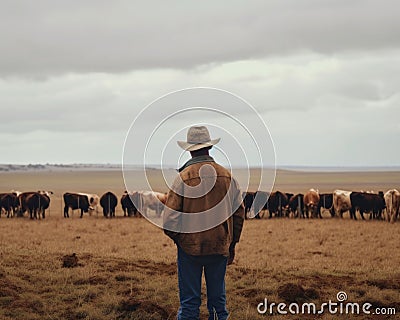 A shepherd in a cowboy hat standing in front of a herd of cattle. AI generative image. Stock Photo