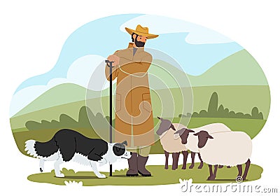 Shepherd, A Diligent Guardian, Tends To The Flock With Unwavering Dedication. His Loyal Dog, A Furry Companion Vector Illustration