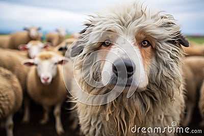 shepherd dog amidst sheep flock Stock Photo