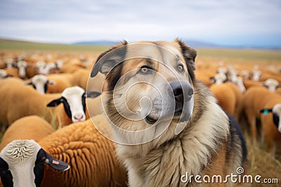 shepherd dog amidst sheep flock Stock Photo