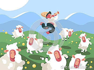 Shepherd grazes herd of sheep Vector Illustration