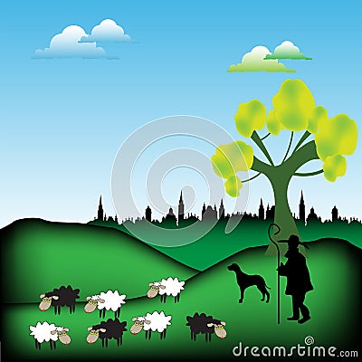 Shepherd with his flock Vector Illustration