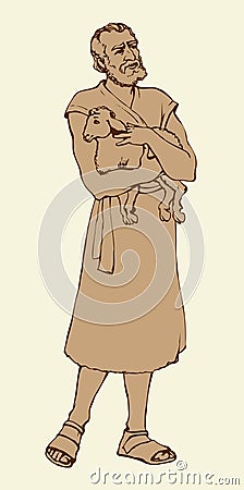 Shepherd holding a lamb. Vector drawing Vector Illustration