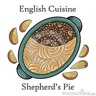 Shepherd's pie, traditional British dish with minced meat, vegetables and mashed potatoes Vector Illustration