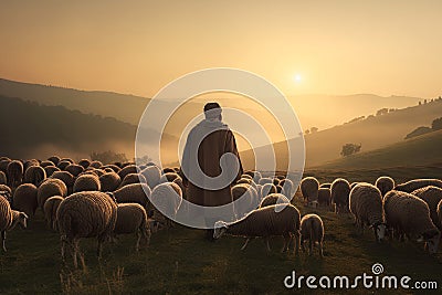 Shepherd with sheep flock sunset landscape. Generate ai Stock Photo