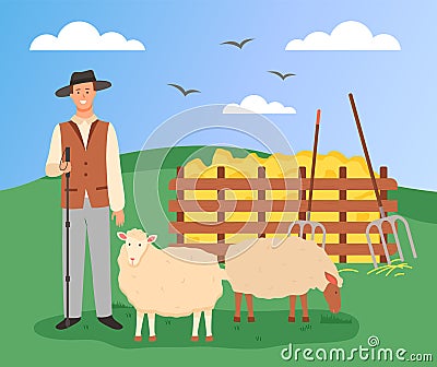 Shepherd and sheep on the green landscape. Hay and pitchforks. Clear skies with birds. Flat image Vector Illustration