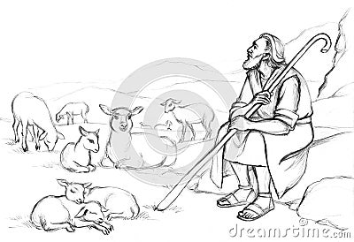Shepherd with a sheeps on the field Stock Photo