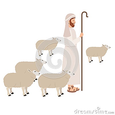 Shepherd with sheeps manger character Vector Illustration