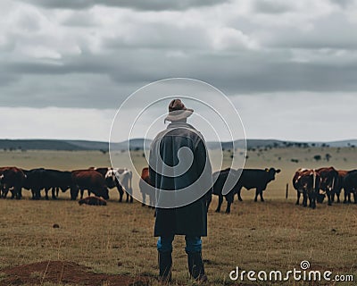 A shepherd standing in front of a herd of cattle. AI generative image. Stock Photo