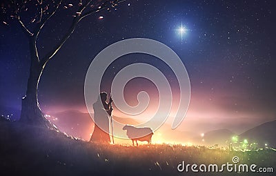 Shepherd and star of Bethlehem Stock Photo