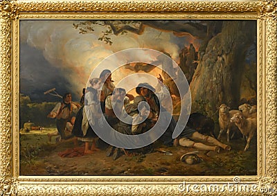 Shepherd struck by lightning, 1844 painting by german painter Jakob Becker Editorial Stock Photo