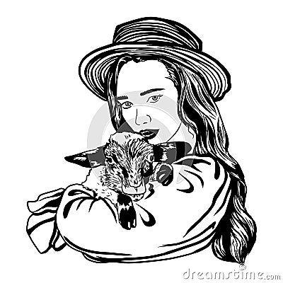 Shepherdess girl with cute little lamb Vector Illustration