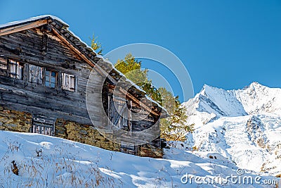Shepherds alpine wooden hut, Pennine Alps, Wallis, Saas Fee, Switzerland, Europe Stock Photo