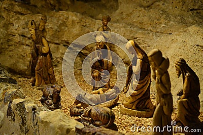 Manger at Shepherds Field Chapel, christmas eve, wooden figures, Bethlehem, Palestine, Israel Stock Photo