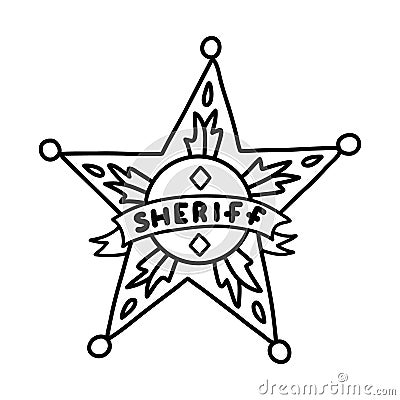 Sheriff badge doodle in the star shape with hand drawn outline. Cute emblem of western police, sign of law, security Vector Illustration