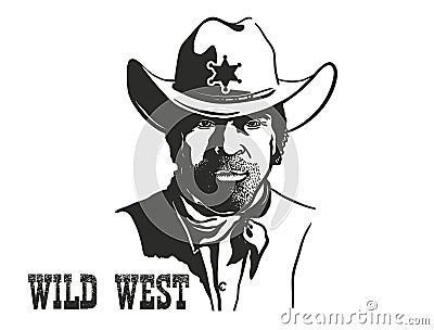 Sheriff man portrait in cowboy hat and sheriff star. Vector hand drawn illustration isolated on white Vector Illustration